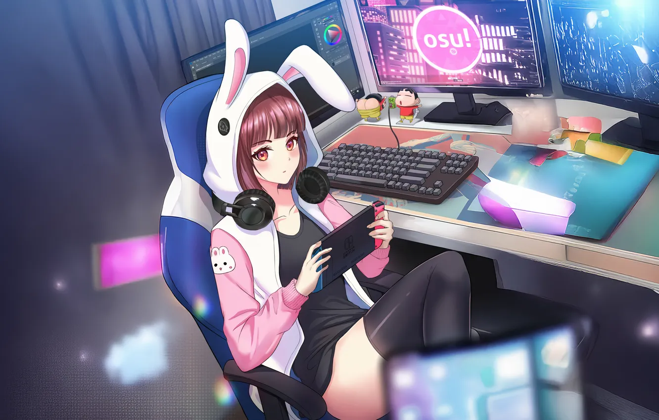 Фото обои gamer, bunny ears, otaku, high scores