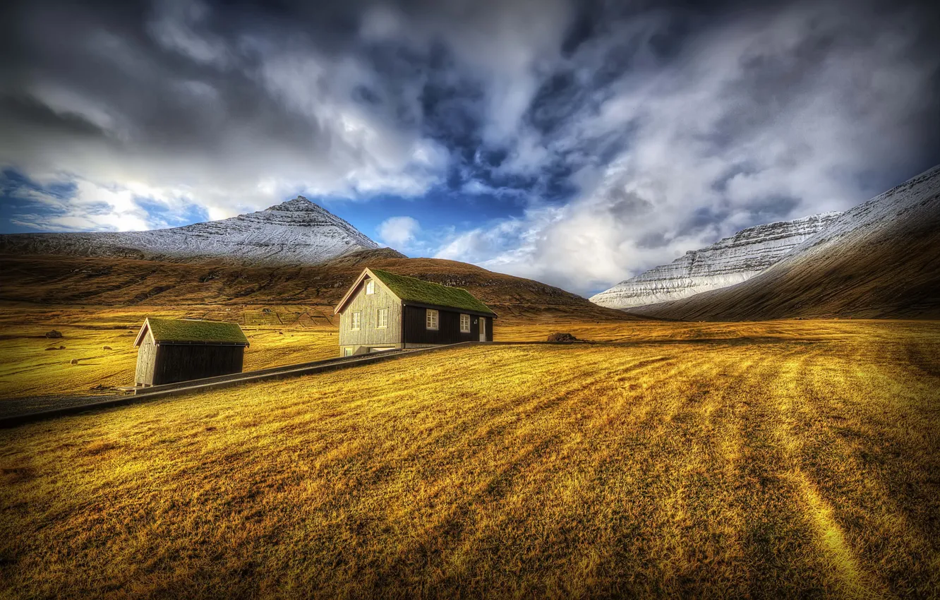 Фото обои осень, трава, пейзаж, горы, дом