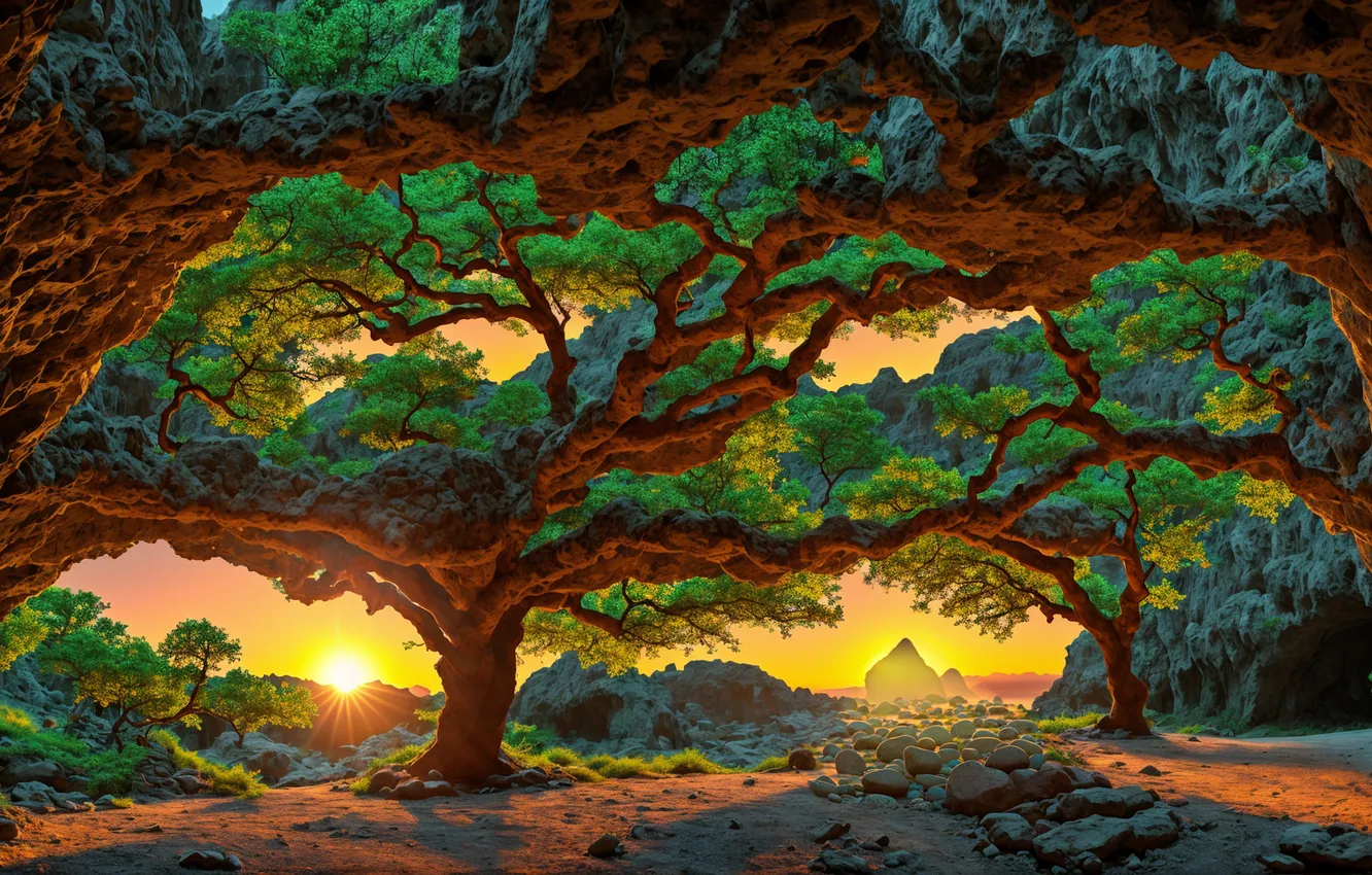 Фото обои wallpaper, Fantasy, Sunset, picture, Trees, Cave