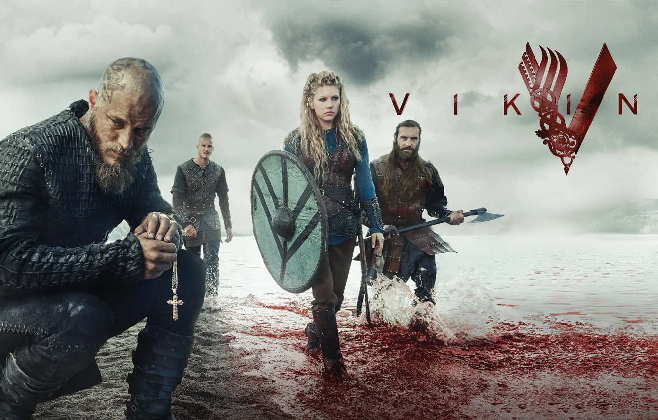 Фото обои кровь, сериал, крестик, персонажи, фьорд, Vikings, Викинги, Katheryn Winnick
