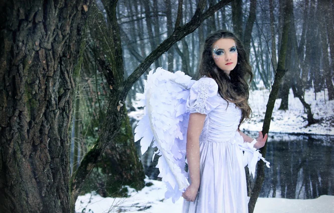 Фото обои лес, девушка, снег, река, крылья, шатенка