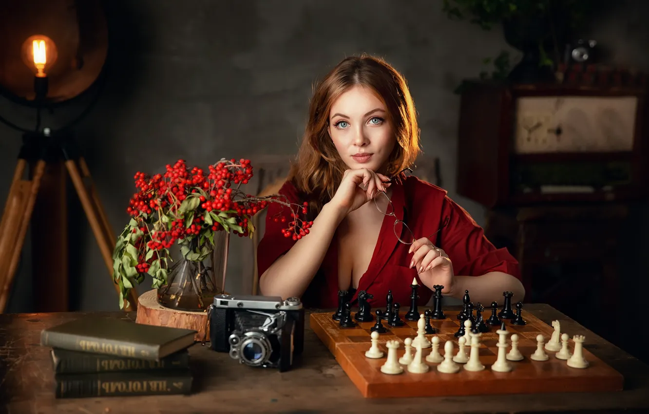 Фото обои взгляд, девушка, свет, фото, модель, книги, шахматы, фотоаппарат
