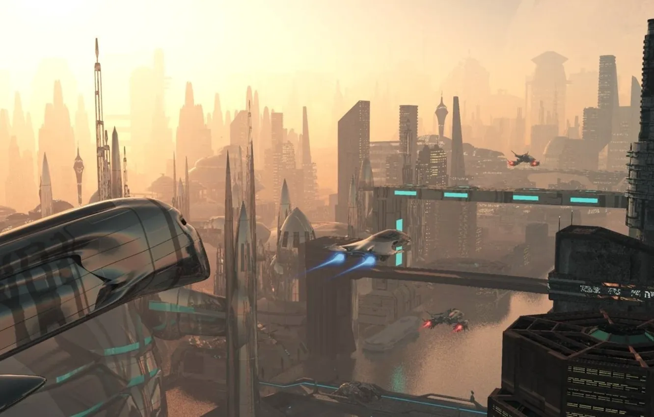 Фото обои future, sky, spaceships, towers, megapolis, hazydays