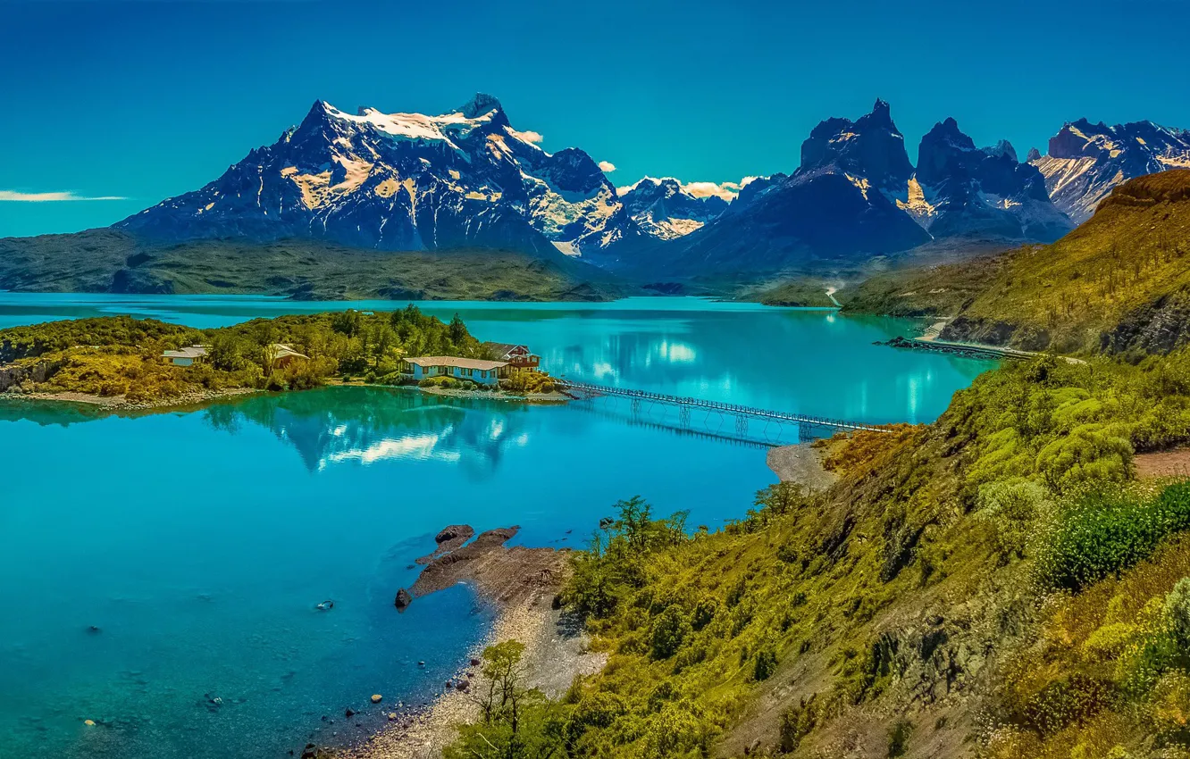 Фото обои горы, мост, остров, Чили, озеро Пеоэ