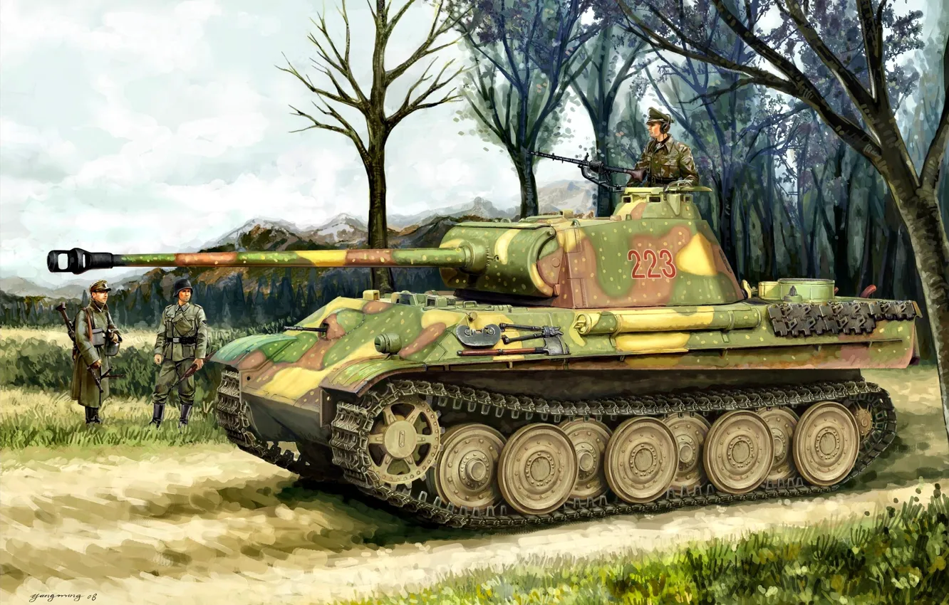 Фото обои Рисунок, солдаты, танк, средний, Panzerkampfwagen V Panther, Немецкий, Вторая Мировая война, WW2