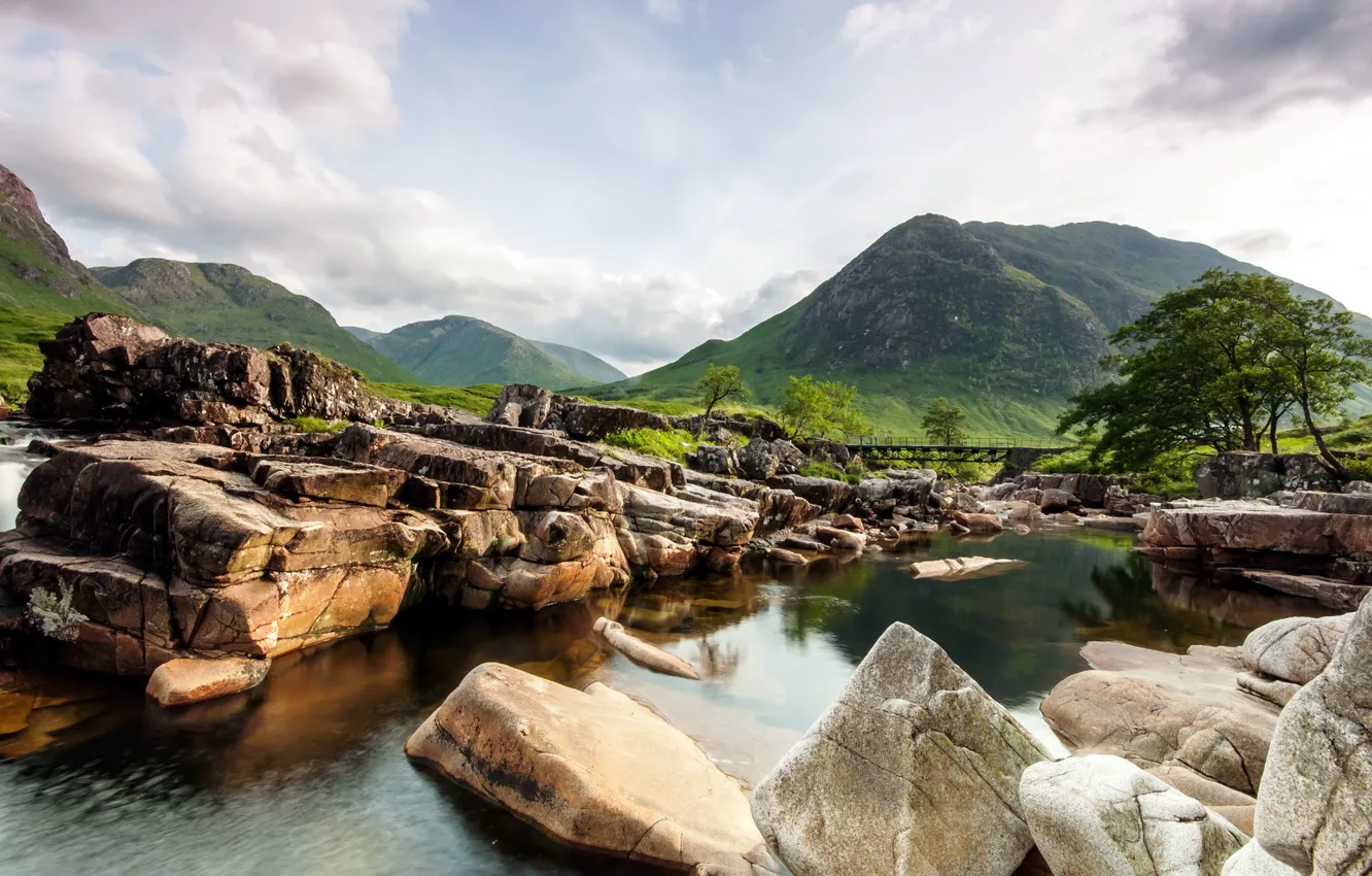 Фото обои пейзаж, горы, река, камни