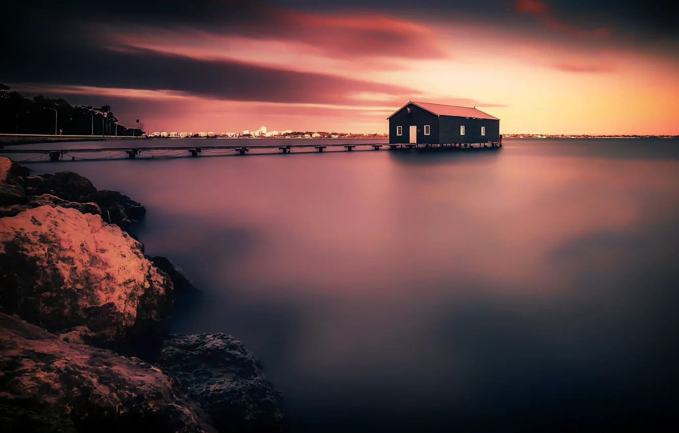 Фото обои море, закат, мост