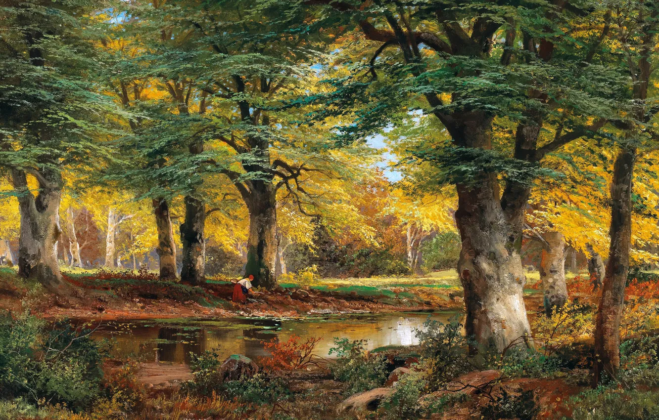 Фото обои Деревья, Картина, Речка, Женщина, Alois Arnegger, Алоис Арнеггер, Австрийский живописец, Сборщица хвороста в осеннем лесу