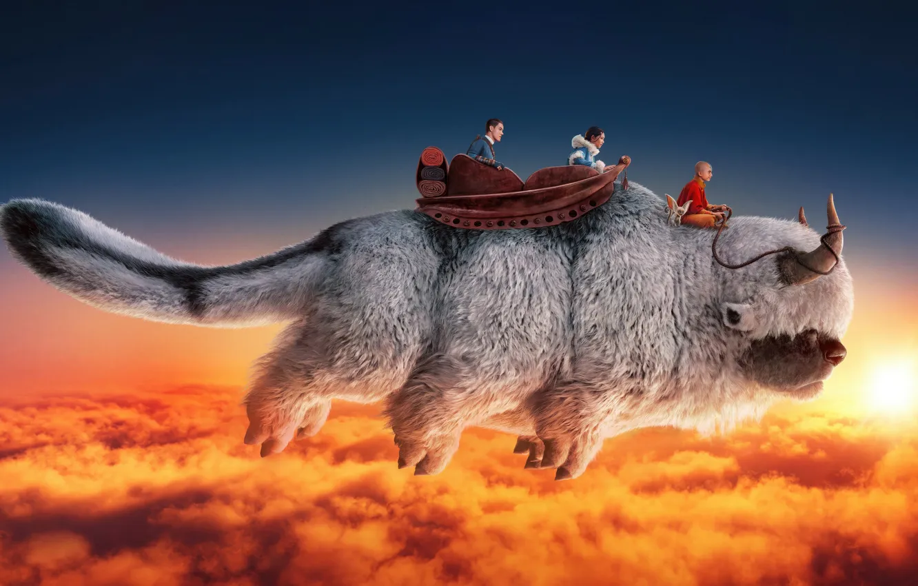 Фото обои закат, рассвет, полёт, зверь, Avatar: The Last Airbender, Аватар: Легенда об Аанге, сериал 2024