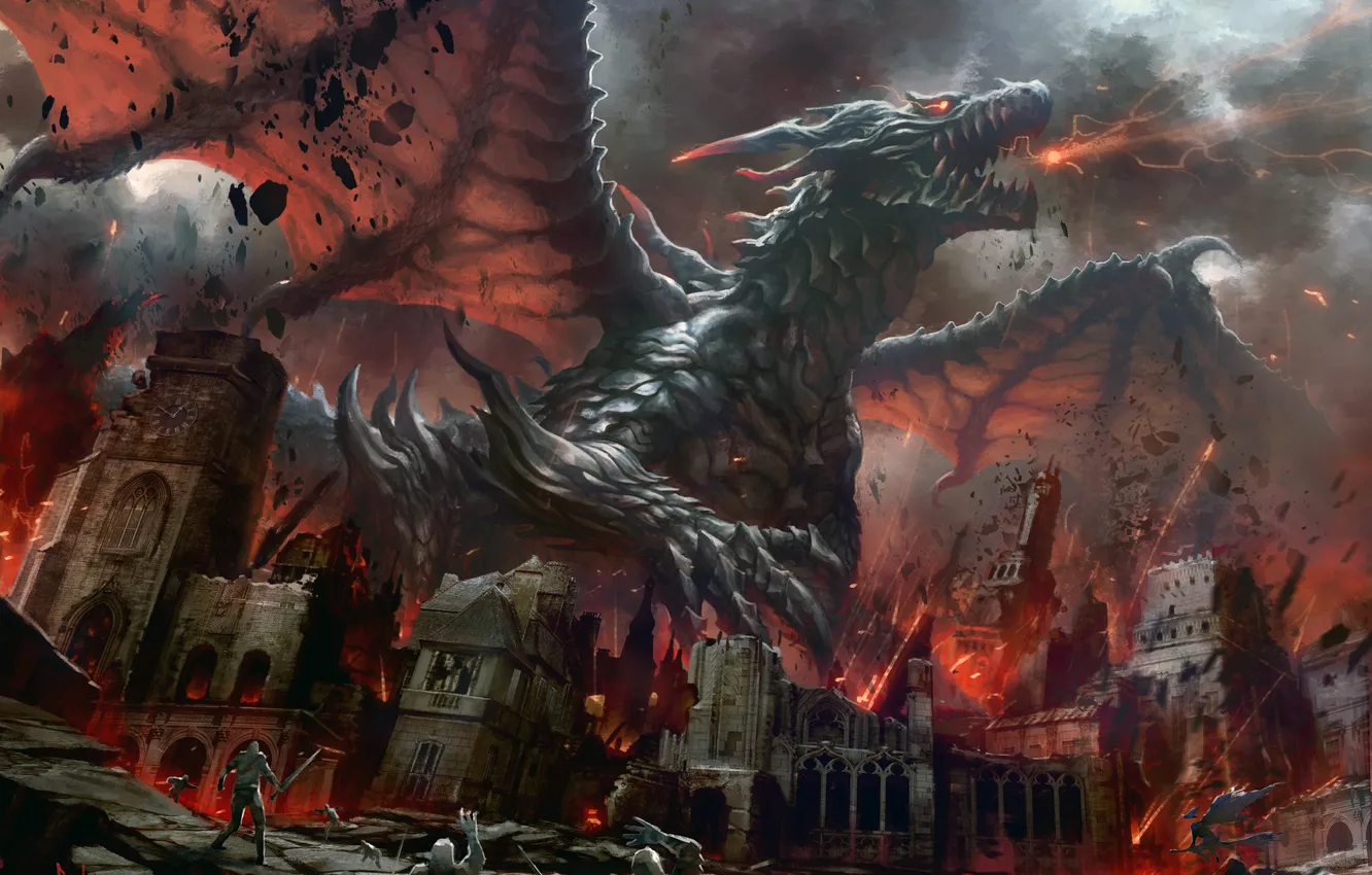 Фото обои город, огонь, Дракон, развалины, битва