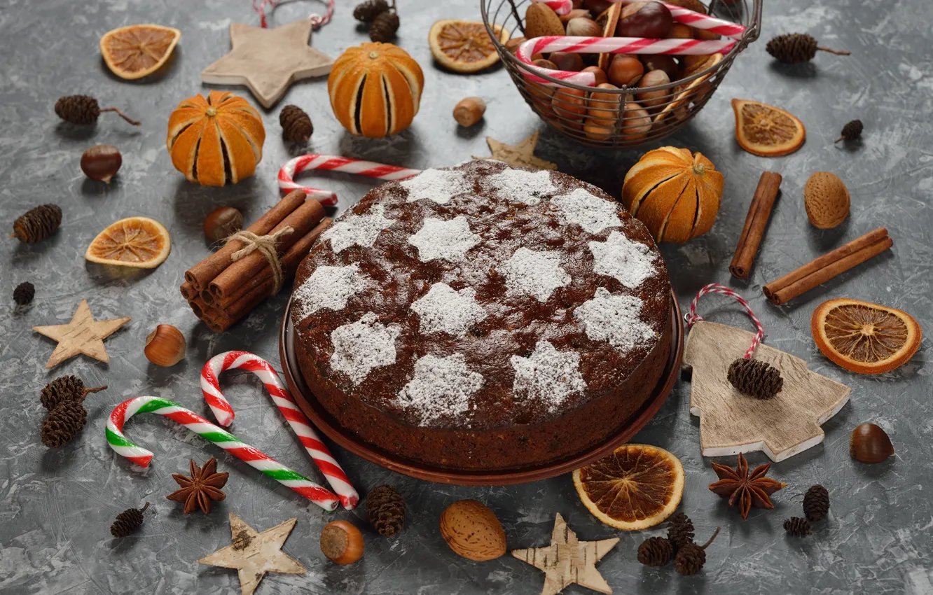 Фото обои палочки, пирог, цитрус, орехи, корица, Christmas, cake, декор