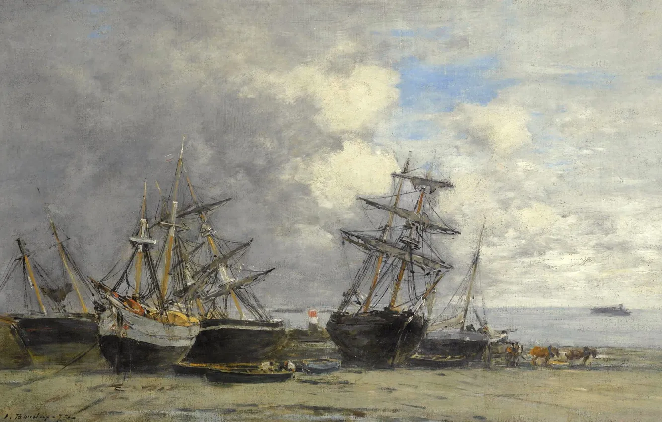 Фото обои пейзаж, картина, Эжен Буден, Eugene Boudin, Сен-Ке-Портриё. Корабли на Песке