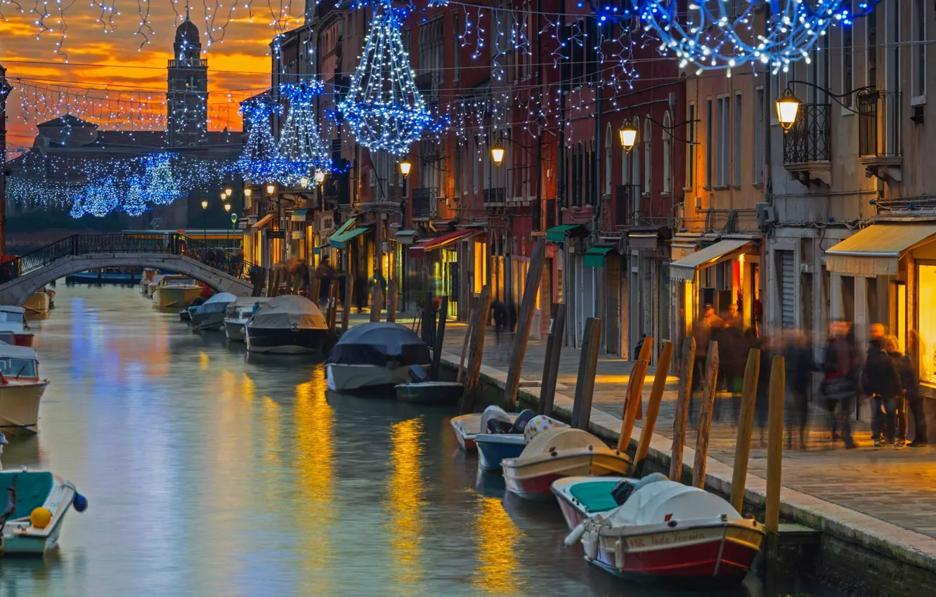 Фото обои мост, огни, праздник, Италия, Венеция, канал, остров Мурано
