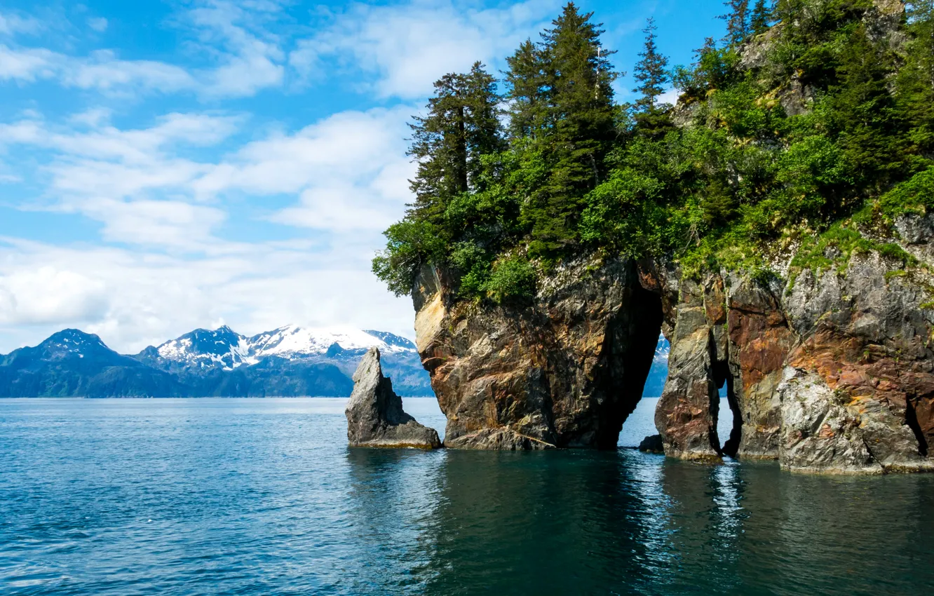 Фото обои деревья, горы, камни, скалы, берег, Аляска, США, фьорды
