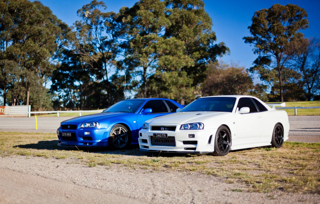 Фото обои белый, синий, тюнинг, GT-R, ниссан, Nissan Skyline, R34, скайлайн