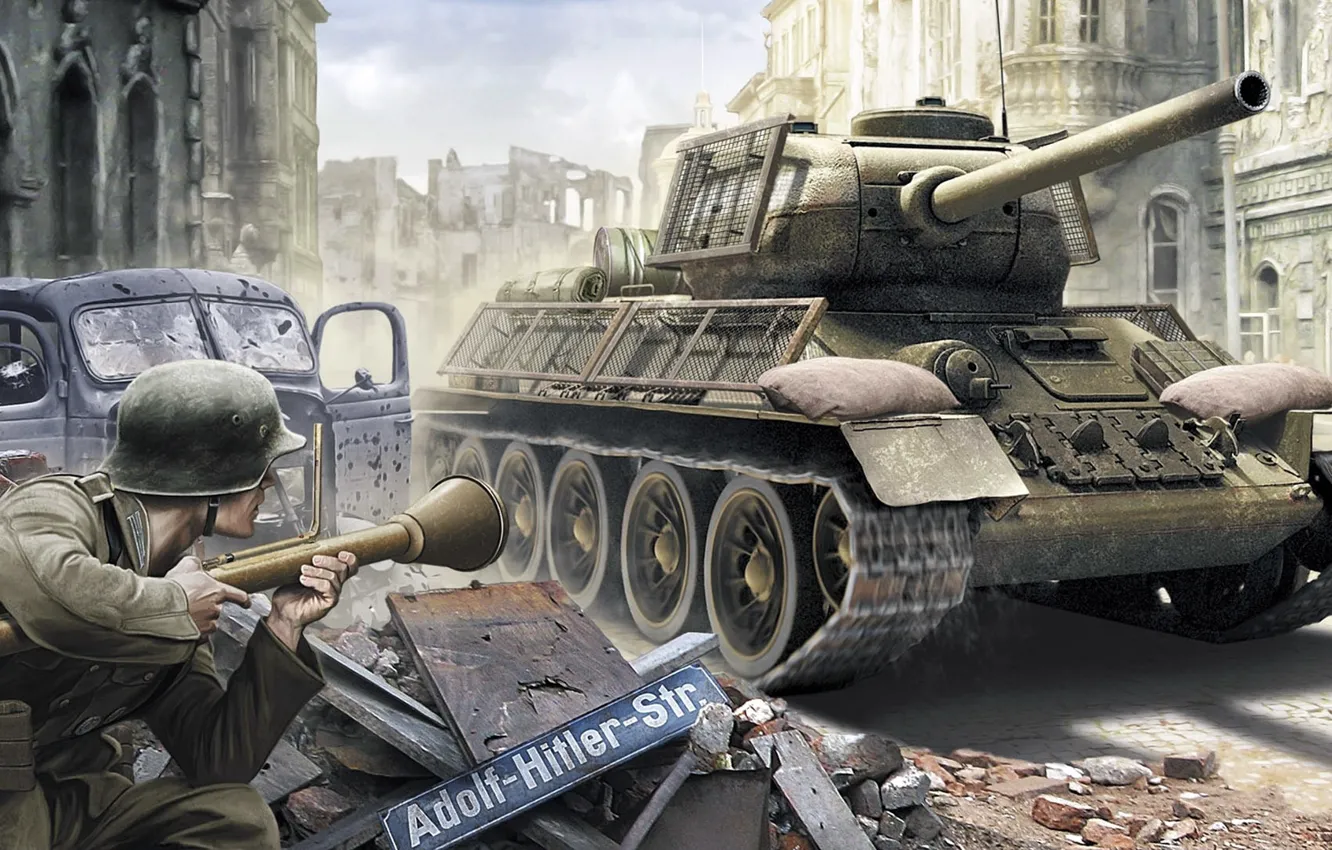 Фото обои война, рисунок, арт, засада, солдат, РККА, Т-34-85, советский средний танк периода Великой Отечественной войны