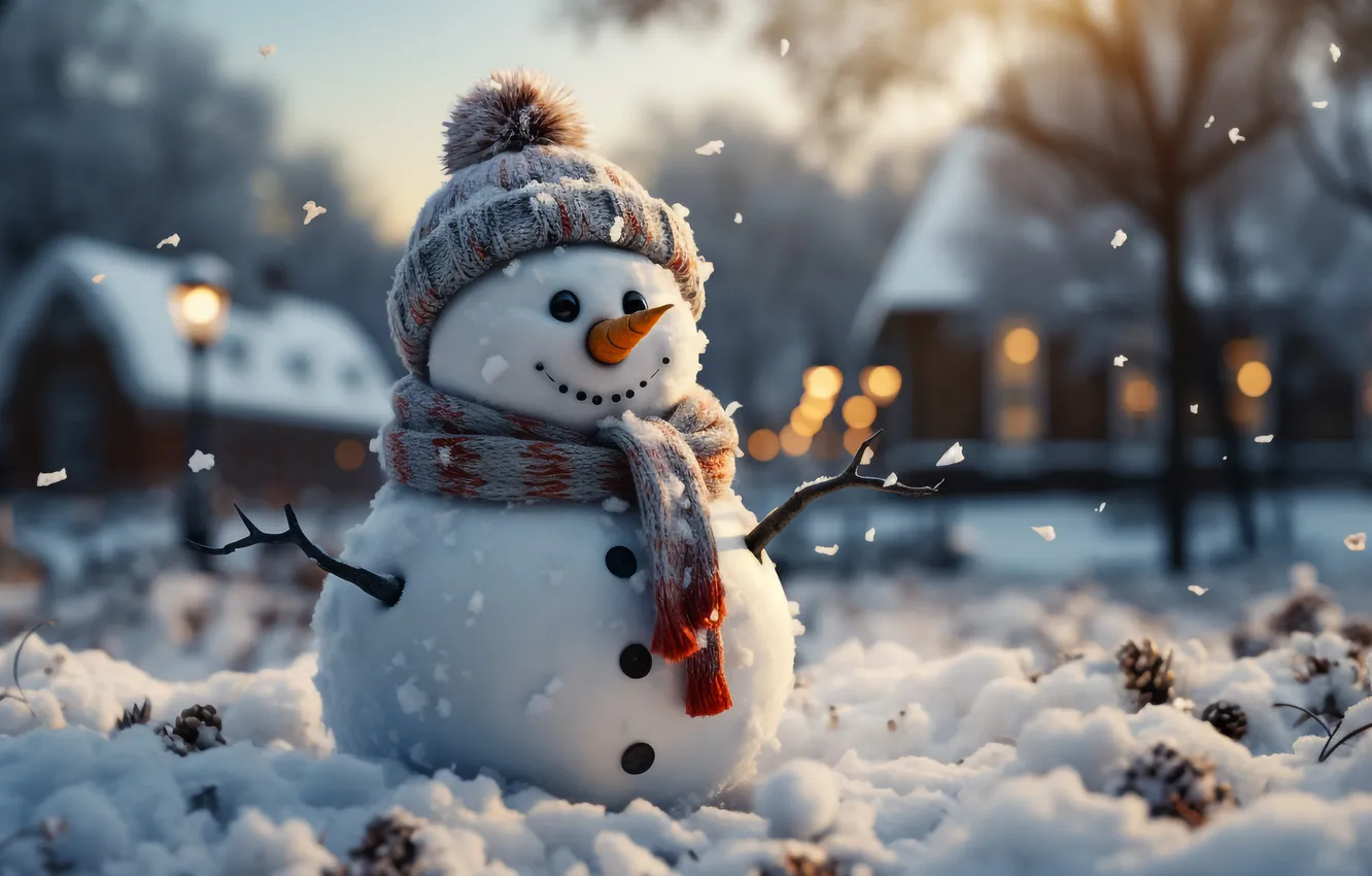 Фото обои зима, снег, Рождество, Новый год, снеговик, Christmas, winter, snow