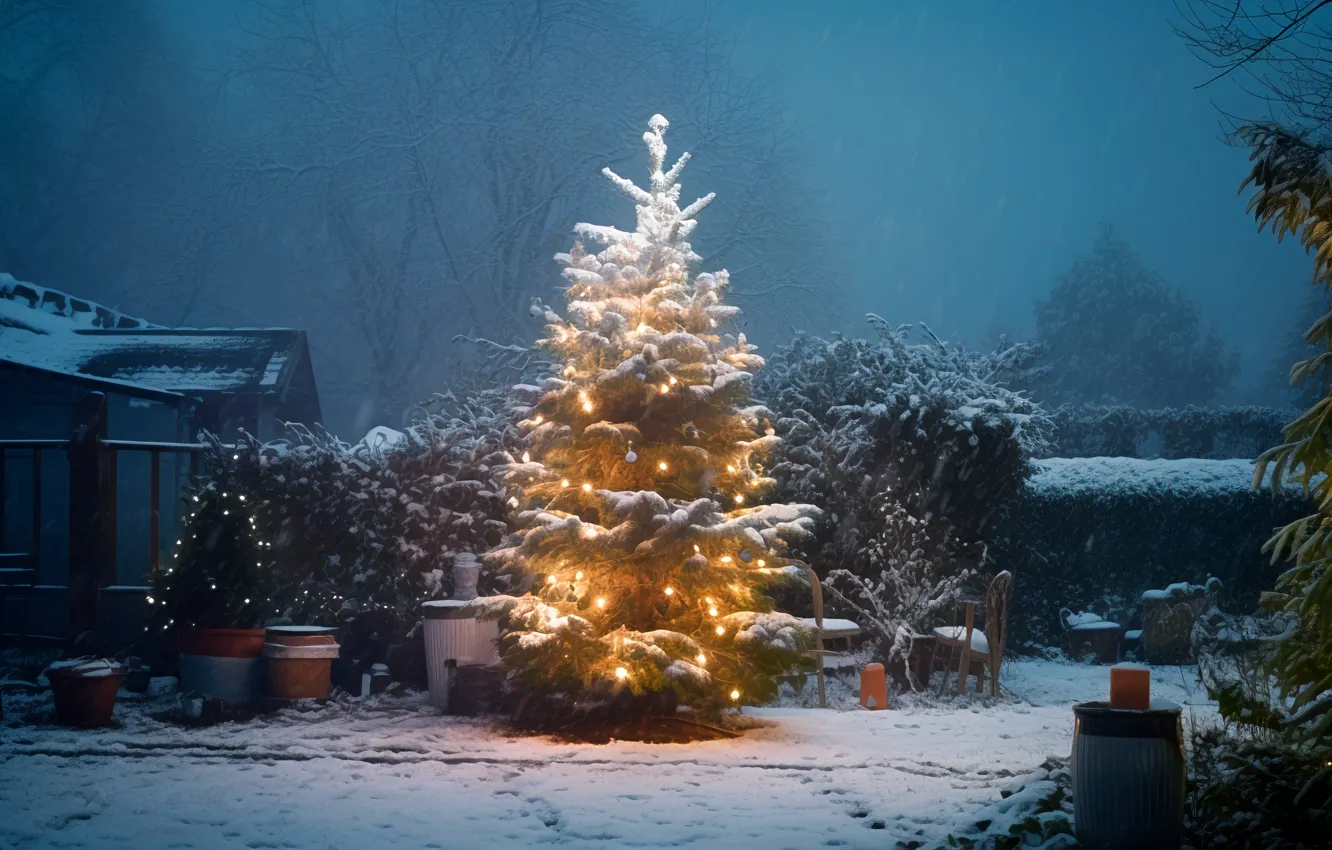 Фото обои зима, снег, украшения, ночь, lights, огни, шары, елка