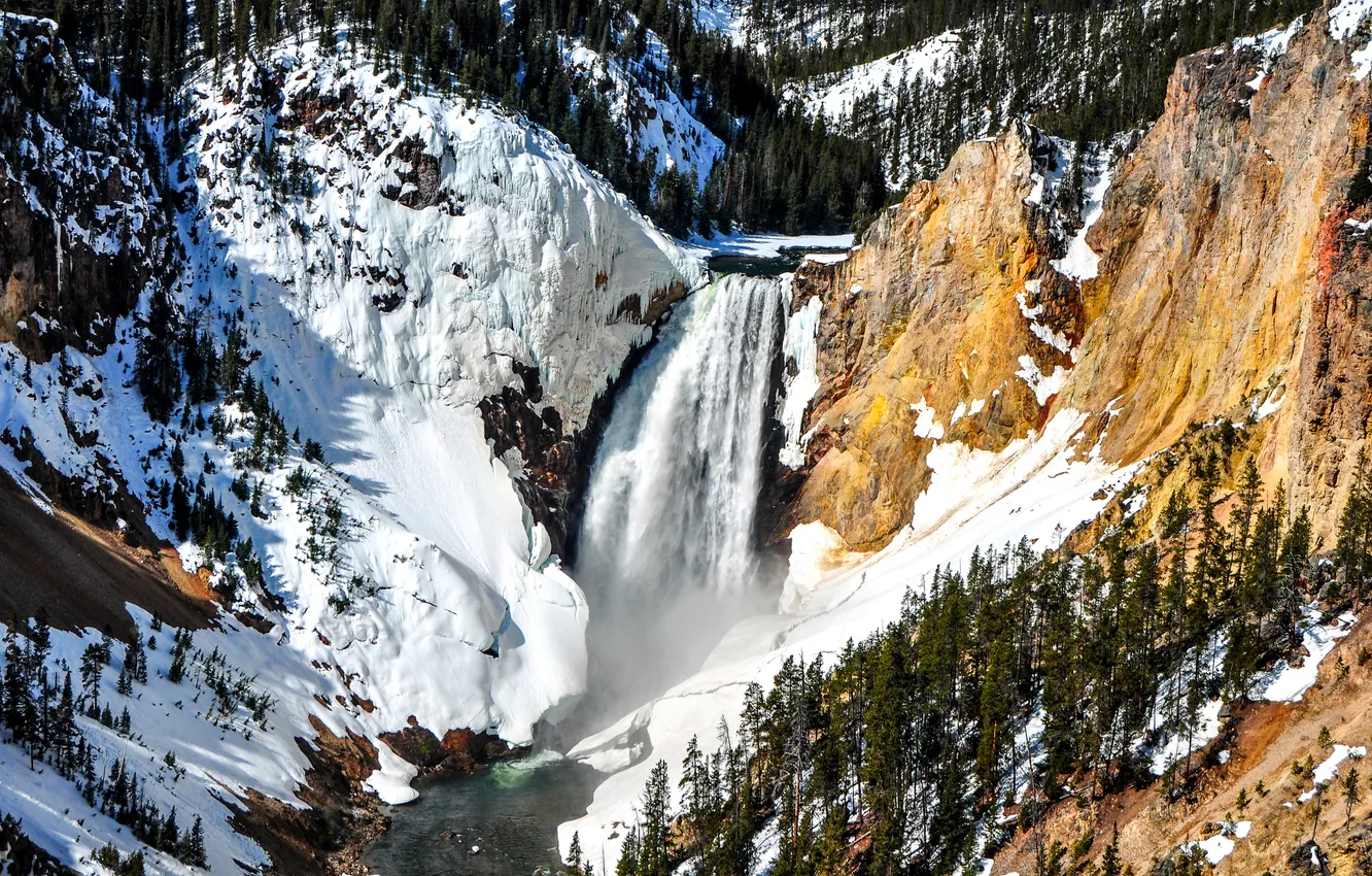 Фото обои зима, снег, деревья, горы, река, скалы, водопад, поток