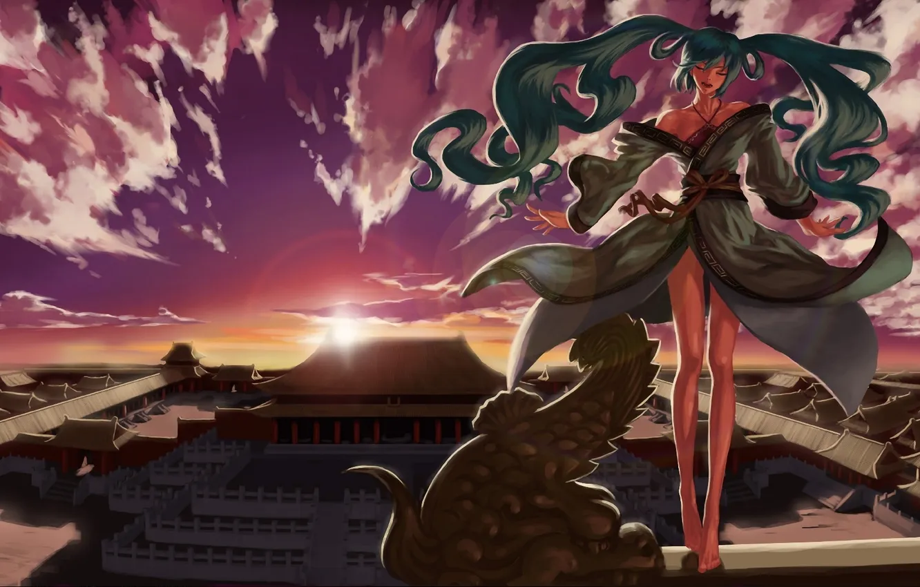 Фото обои крыша, девушка, облака, закат, азия, кимоно, vocaloid, hatsune miku