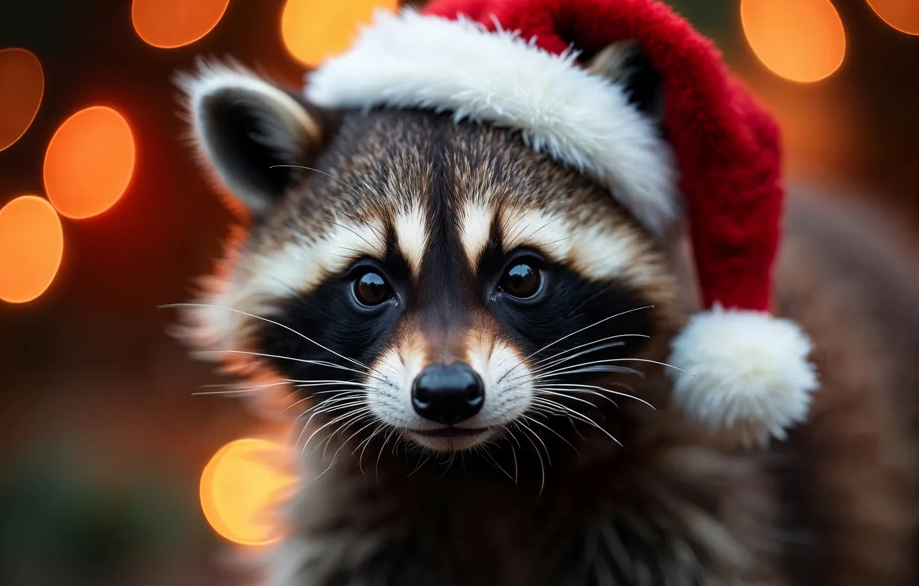 Фото обои Рождество, енот, Новый год, Christmas, bokeh, cute, шапка санты, raccoon