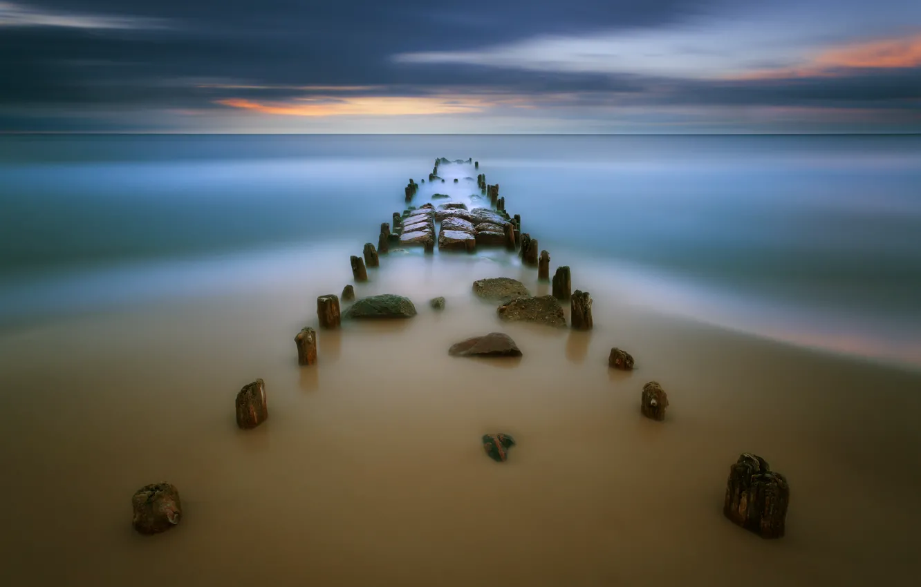 Фото обои песок, море, закат, пирс, отмель, Krzysztof, Browko