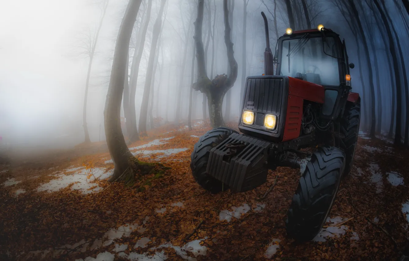 Фото обои природа, туман, трактор
