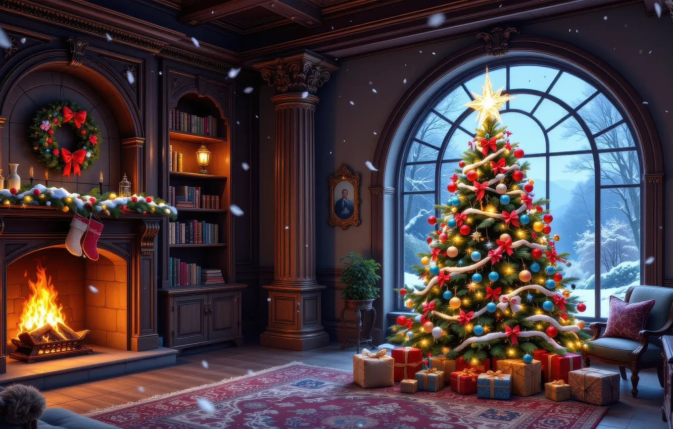 Фото обои зима, шарики, снег, комната, ковер, мебель, новый год, интерьер