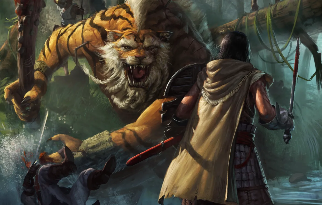 Фото обои тигр, ручей, оружие, люди, монстр, меч, арт, битва