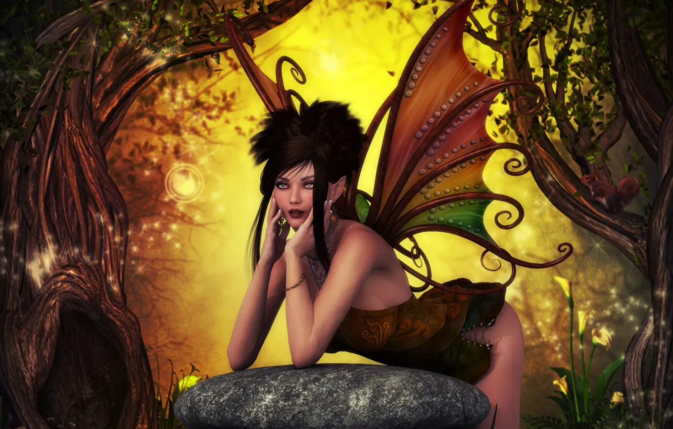 Фото обои лес, девушка, камень, крылья, фея, фэнтези, белка, арт