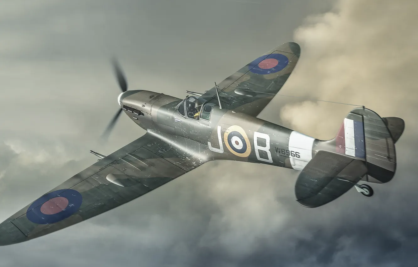 Фото обои полет, ретро, самолет, истребитель, арт, в небе, Spitfire, разведчик