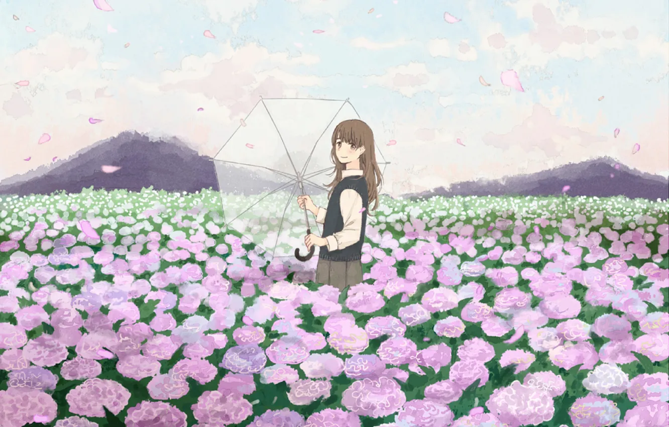 Фото обои поле, девушка, цветы, зонтик, зонт, лепестки, арт, гортензия