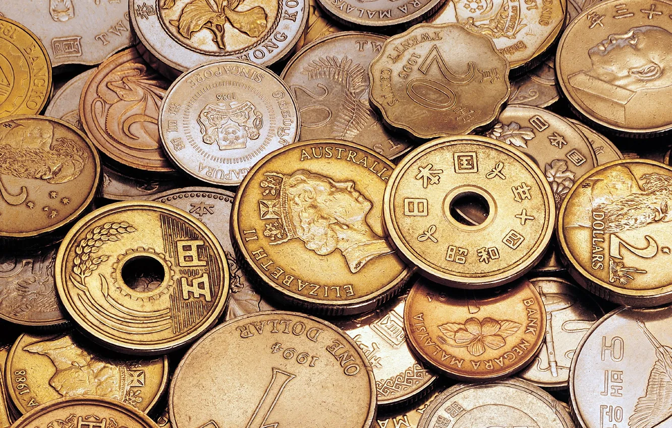 Фото обои фон, деньги, иероглифы, монеты, много, азиатские