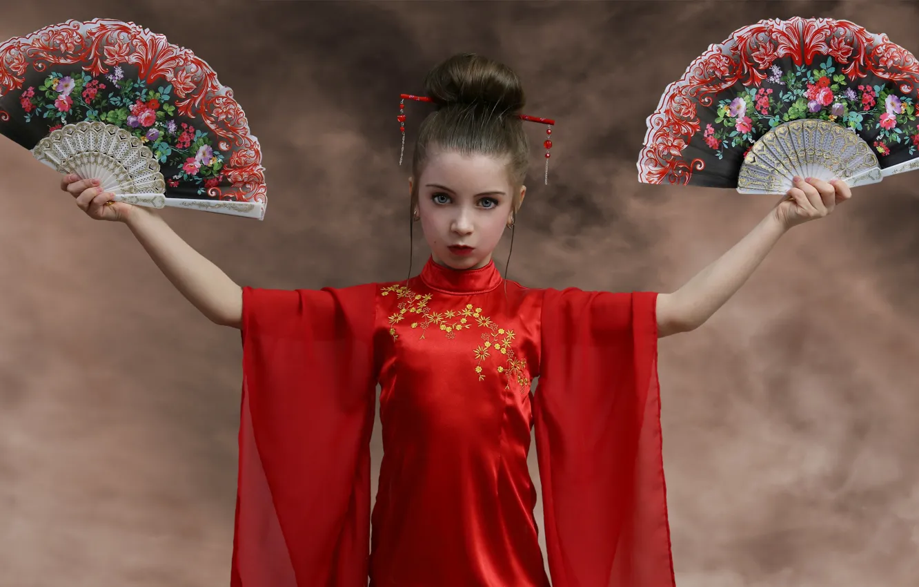 Фото обои стиль, фон, Восток, руки, девочка, красное платье, веера
