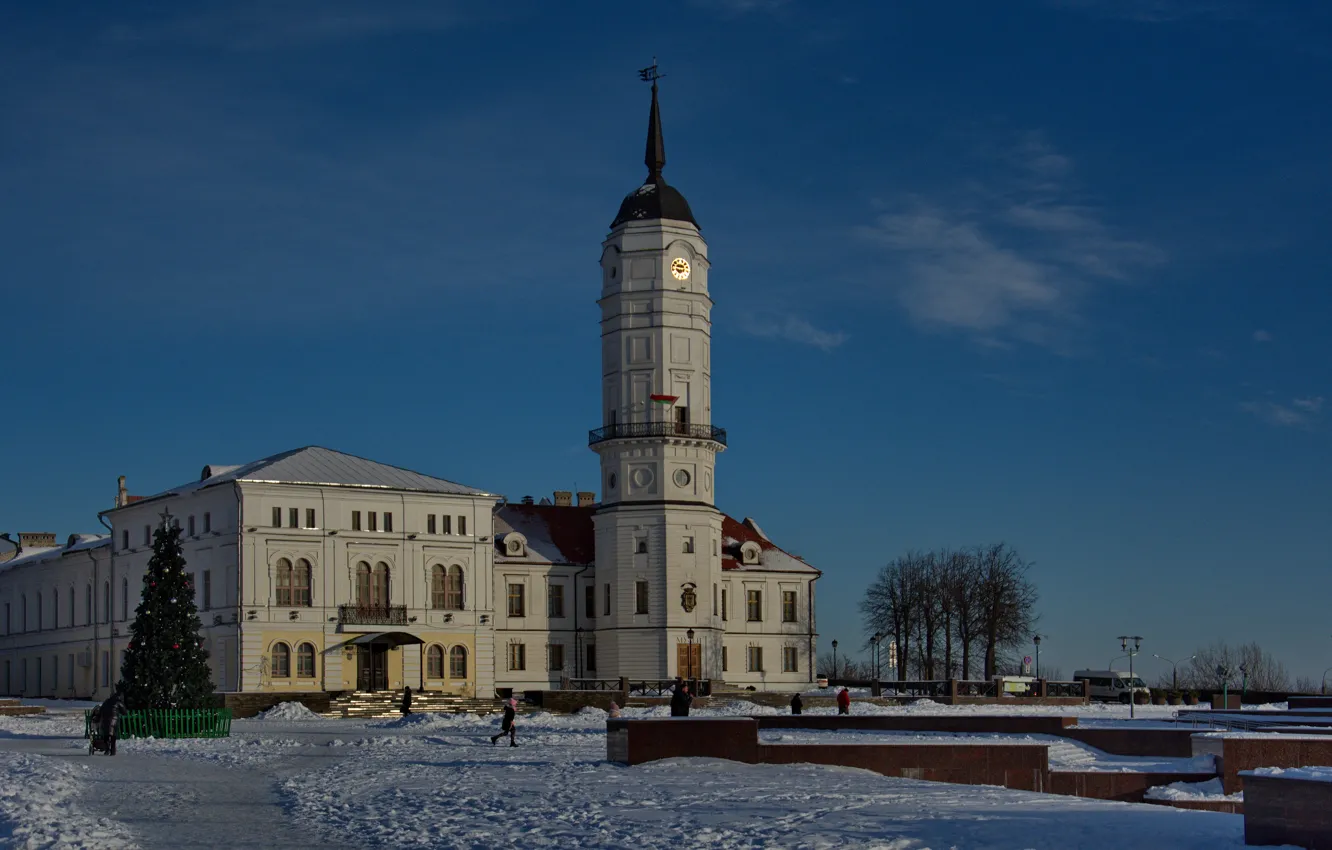 Фото обои зима, елка, архитектура, ратуша