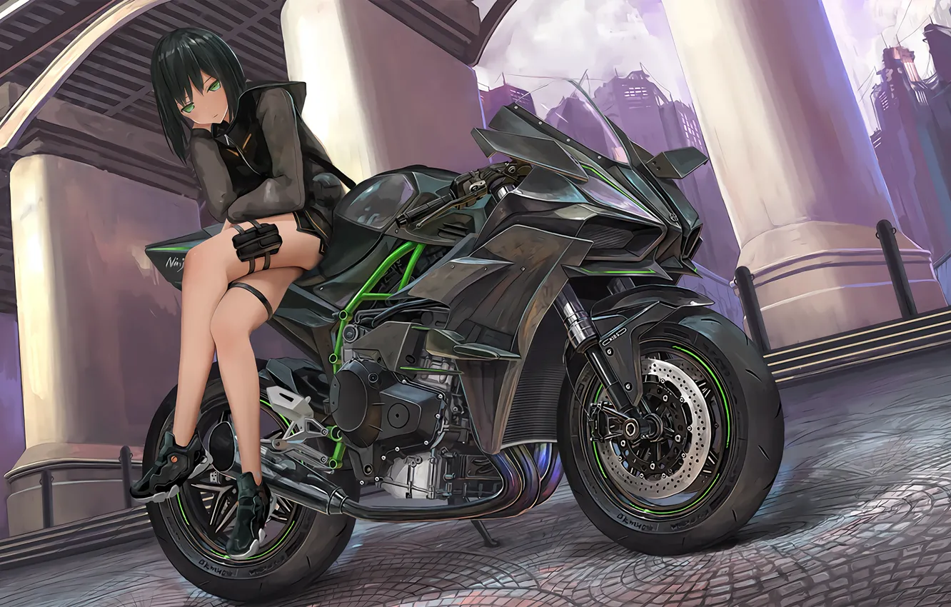 Фото обои девушка, брюнетка, Girl, мотоцикл, байк, ножки, Kawasaki, Anime