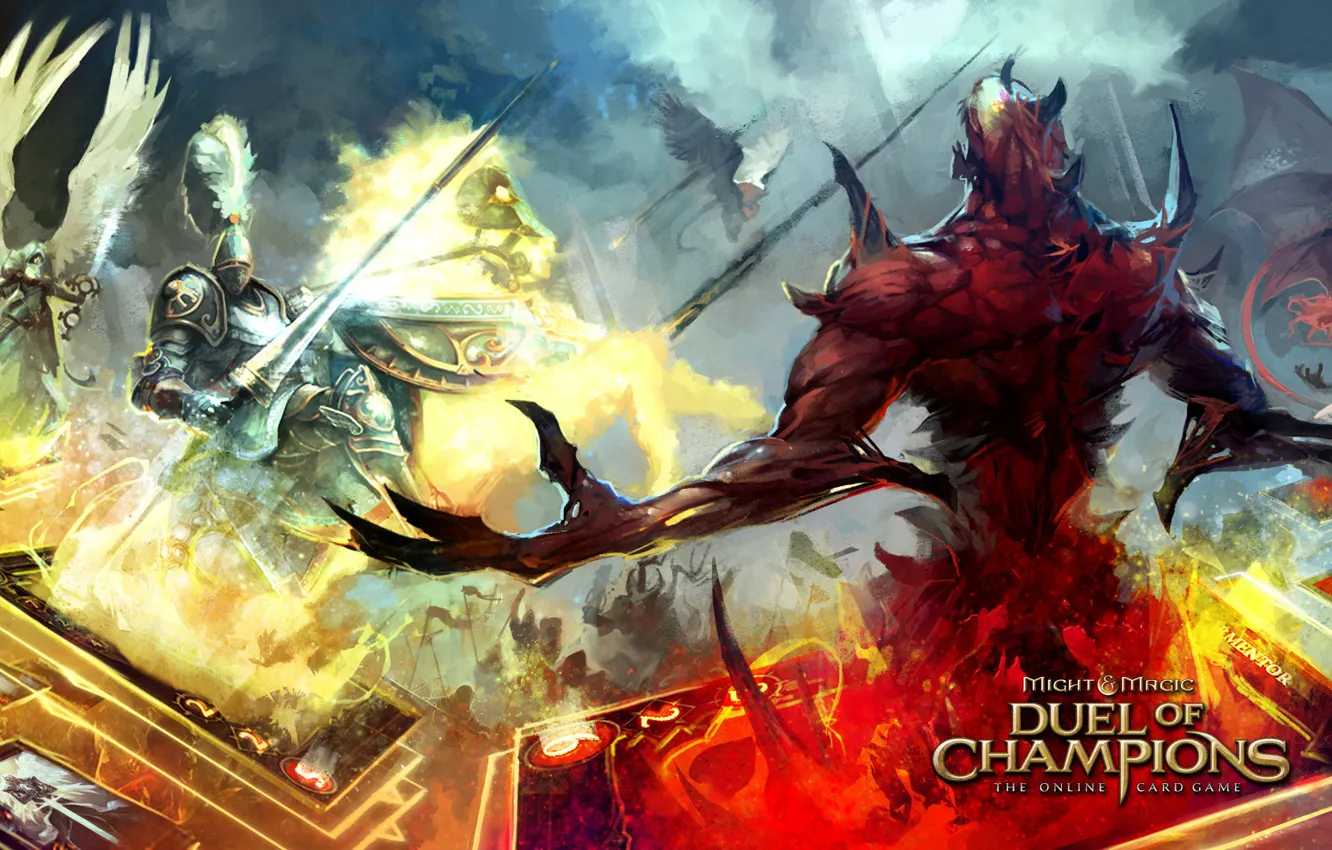 Фото обои архангел, рыцарь, грифон, суккуб, Might &amp; Magic: Duel of Champions, изверг