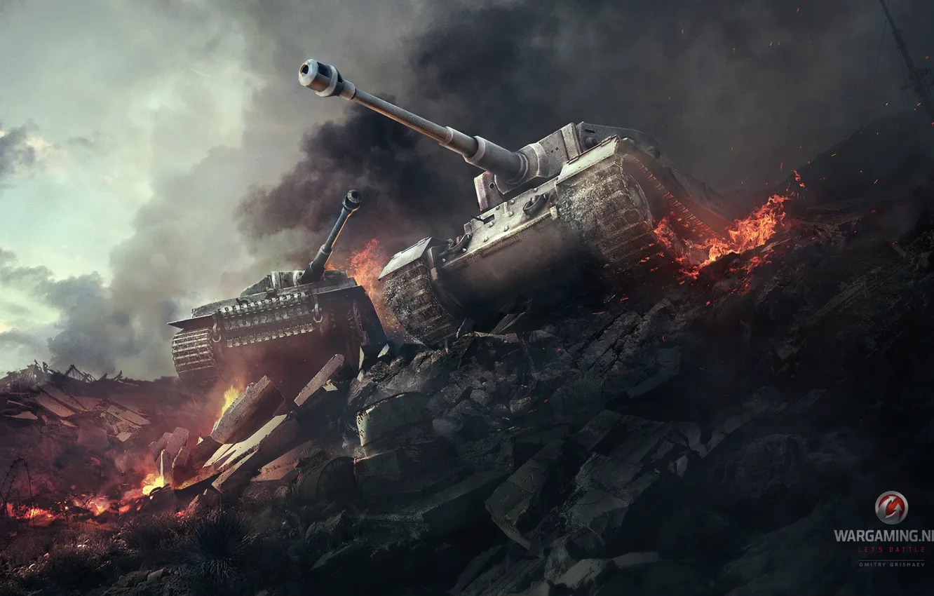 Фото обои пламя, война, дым, Тигр, Tiger, танки, World of tanks, WoT
