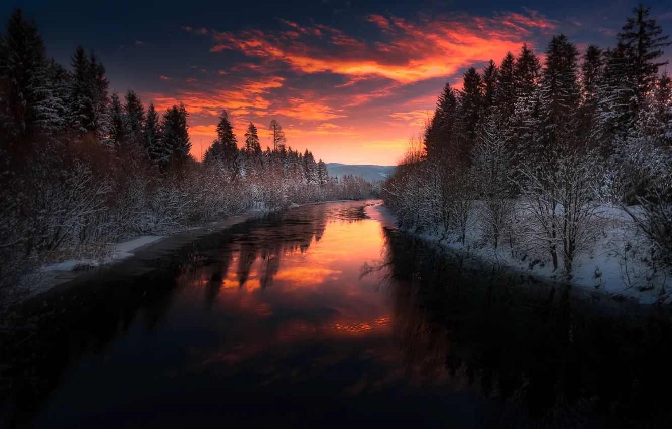 Фото обои зима, лес, облака, снег, закат, вечер, сумерки, водоем