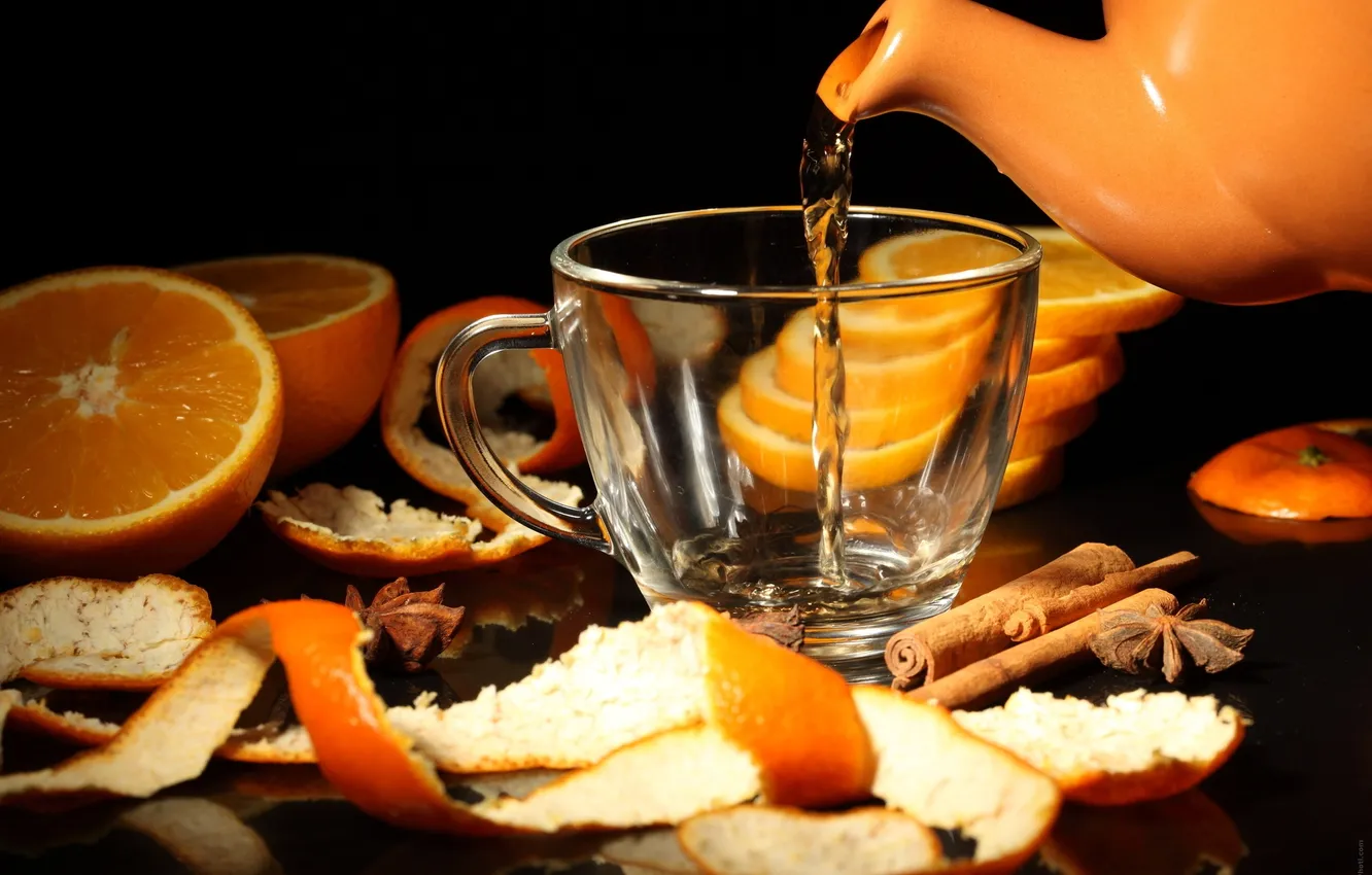 Фото обои чай, апельсины, чаша, корица