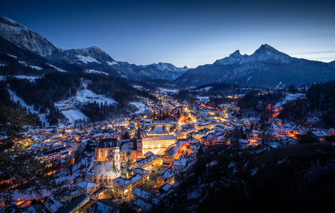 Фото обои зима, горы, здания, дома, Германия, долина, Бавария, Альпы