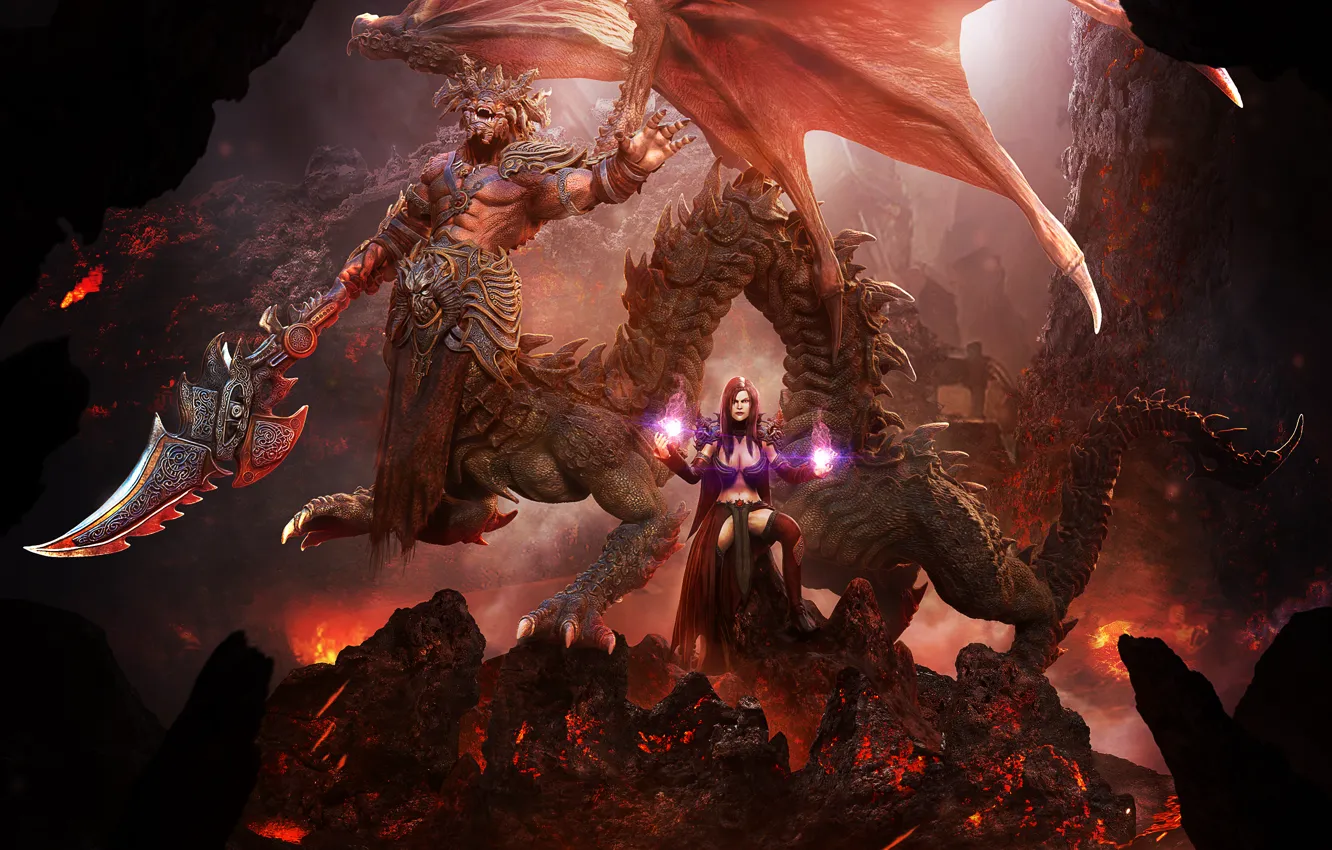 Фото обои девушка, фантазия, магия, дракон, крылья, меч, демон, лава
