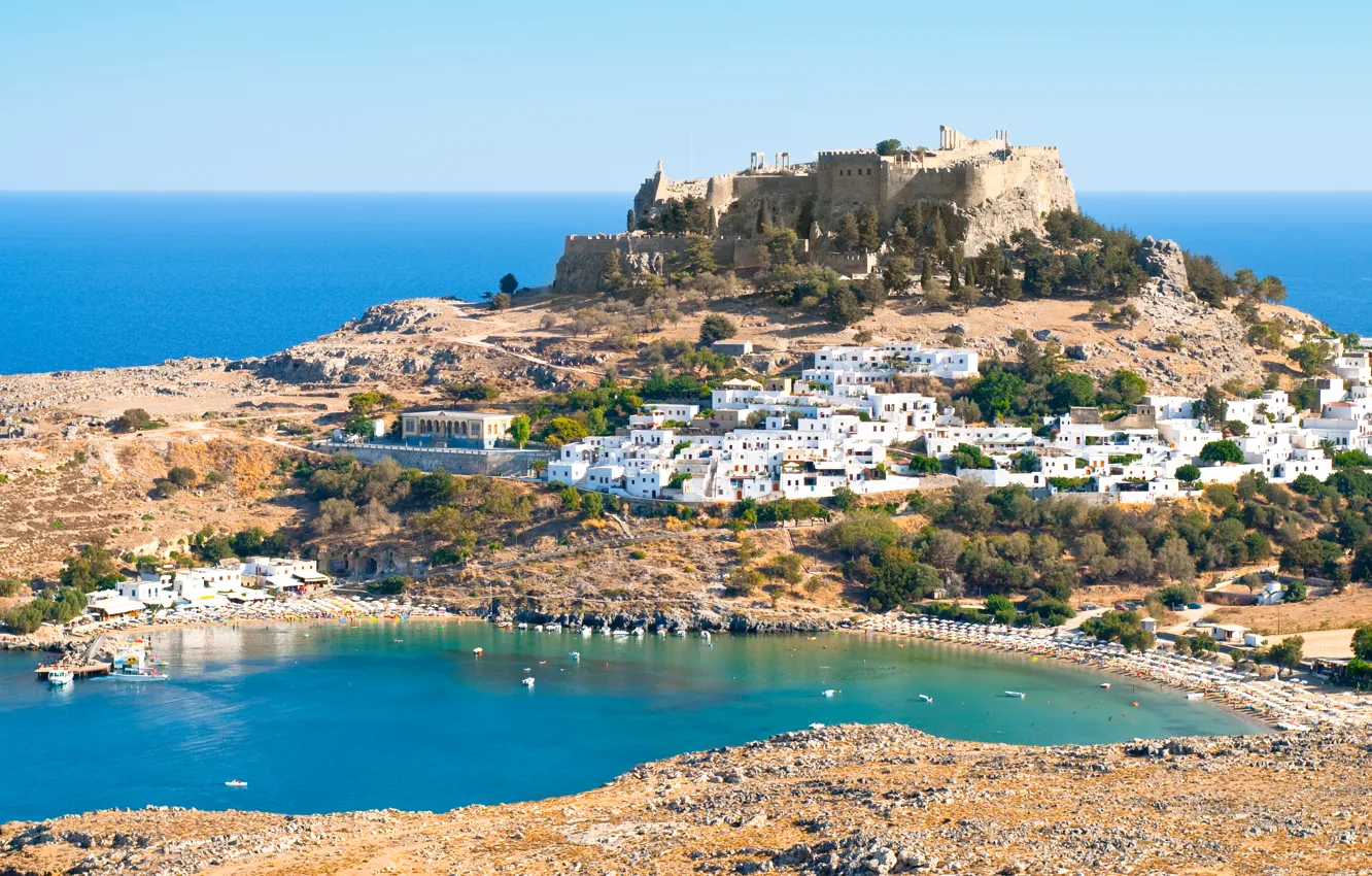 Фото обои море, город, остров, Греция, Greece, Rhodes, Lindos Acropolis