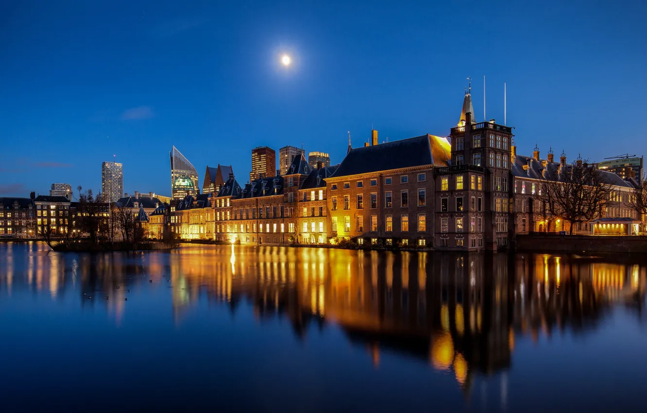 Фото обои огни, луна, вечер, подсветка, Нидерланды, Голландия, Гаага