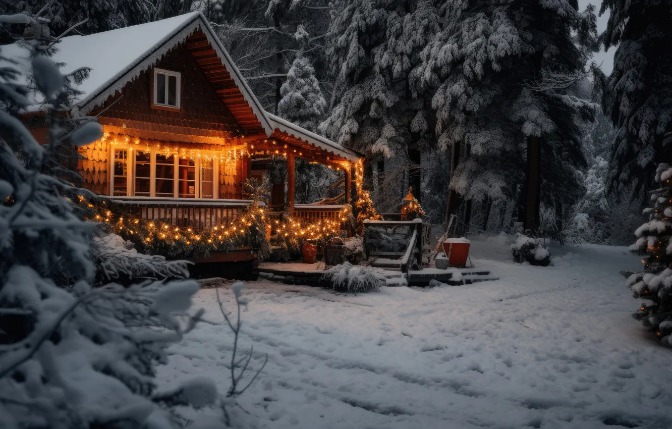 Фото обои зима, лес, снег, домик, house, хижина, forest, winter