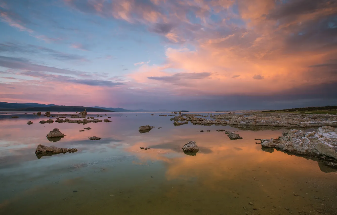 Фото обои море, камни, рассвет, California, Lee Vining