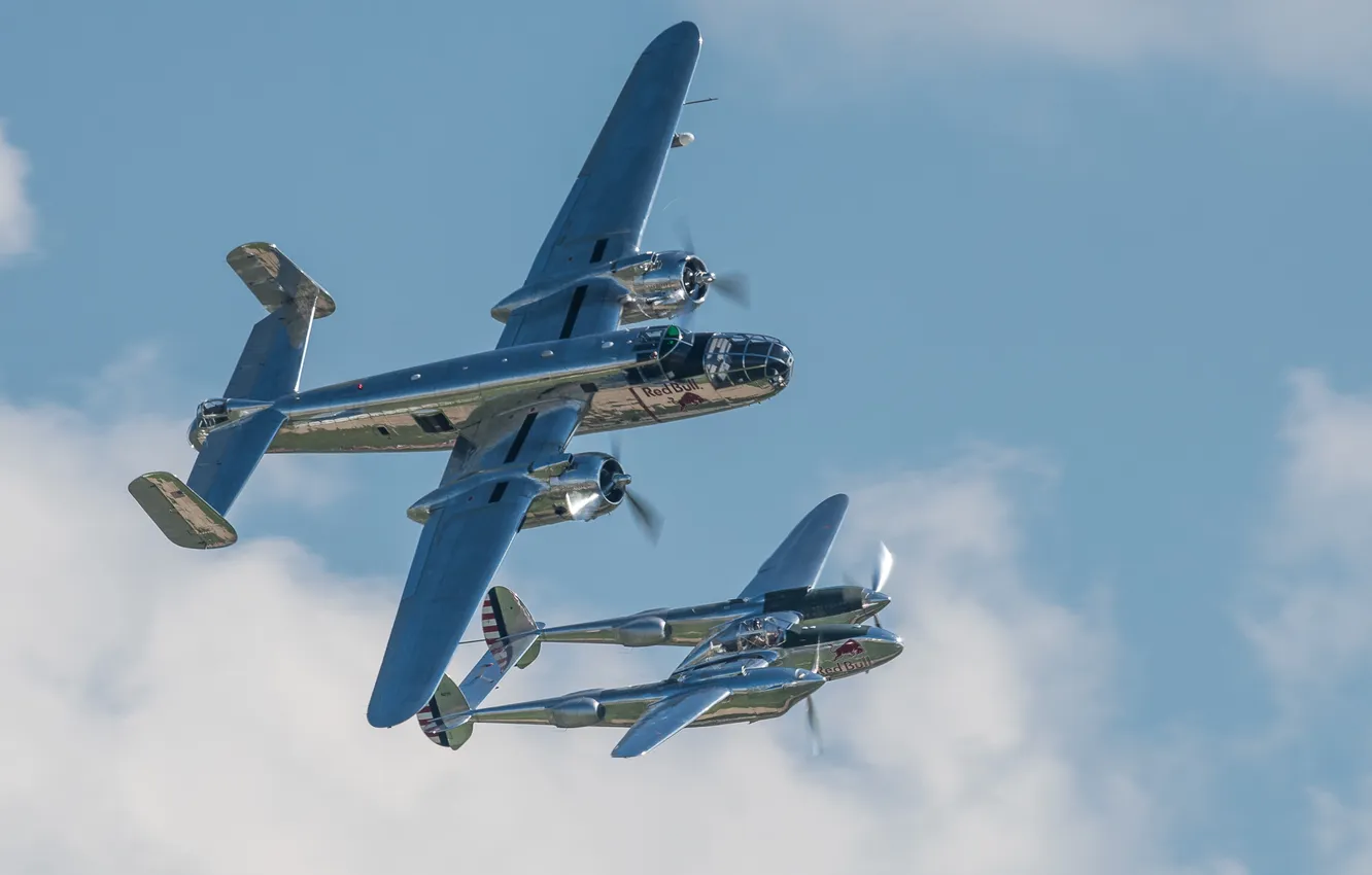 Фото обои полет, истребитель, бомбардировщик, Lightning, P-38, Mitchell, B-25