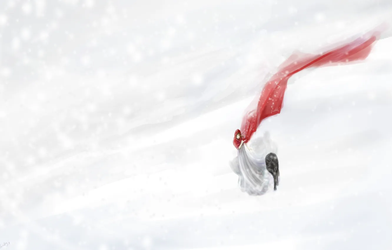 Фото обои зима, девушка, снег, волк, Красная шапочка, by Sithvalis