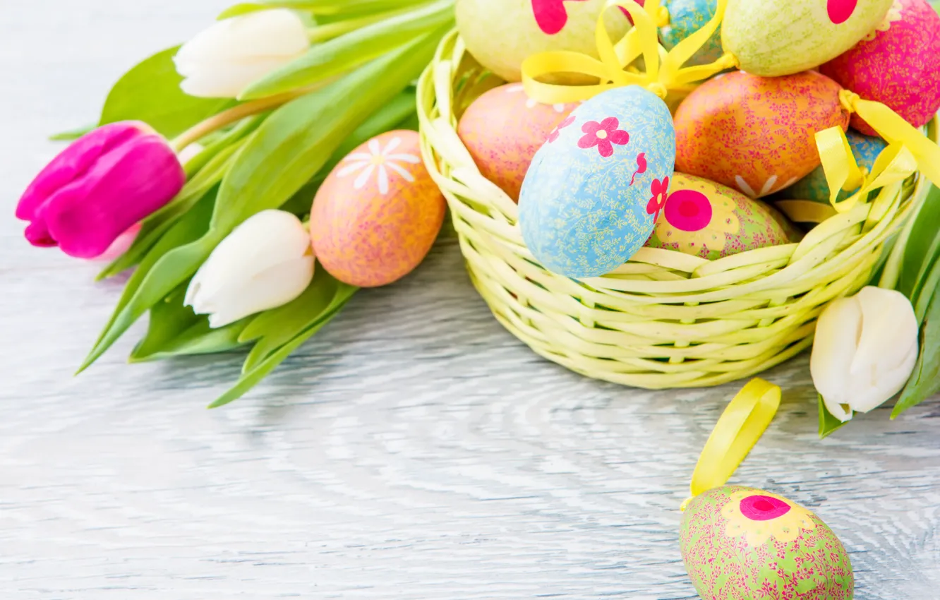 Фото обои цветы, яйца, пасха, тюльпаны, Easter