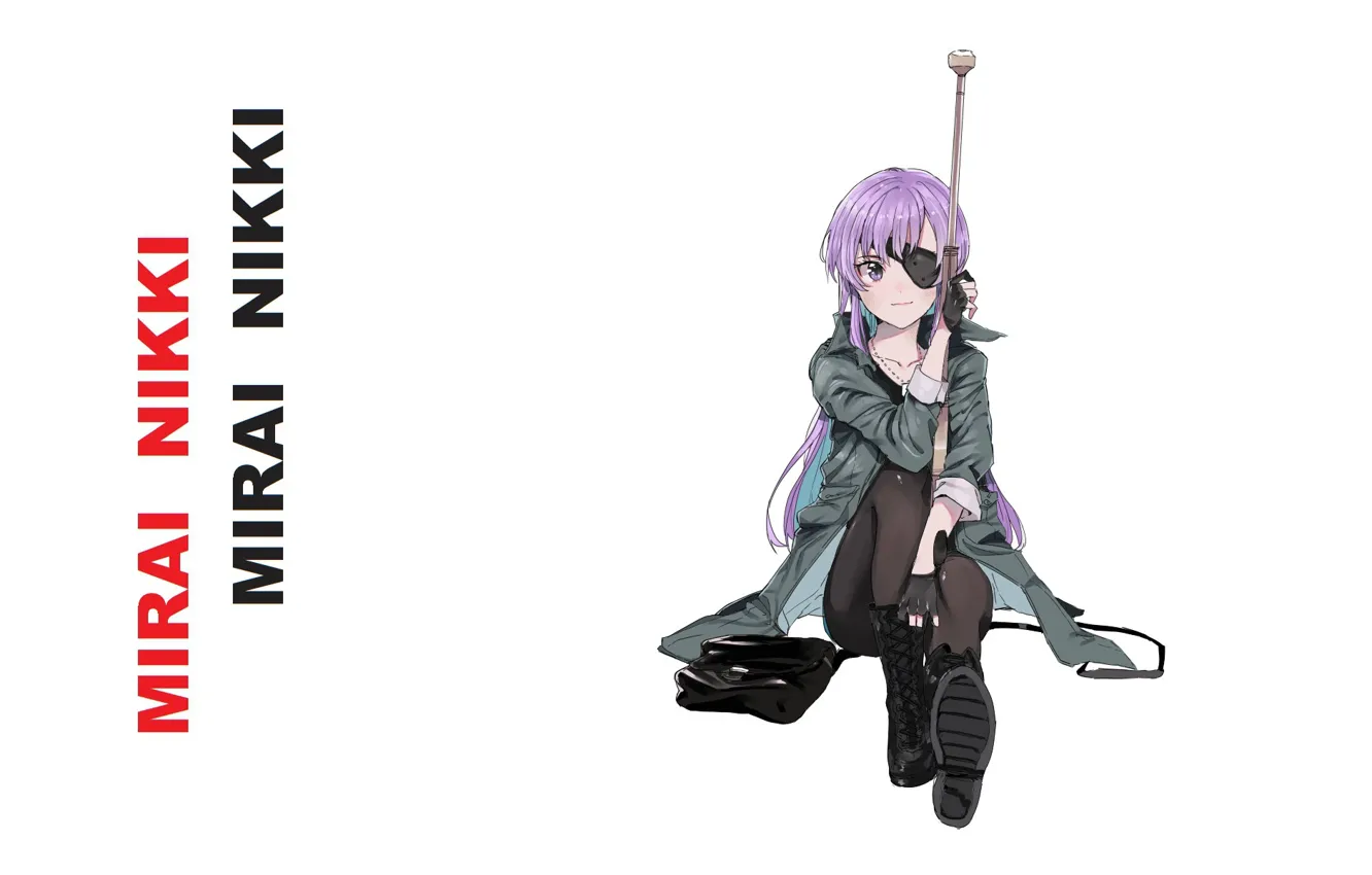 Фото обои ботинки, винтовка, стрелок, фиолетовые волосы, повязка на глаз, Mirai Nikki, Uryuu Minene, Дневник Будущего